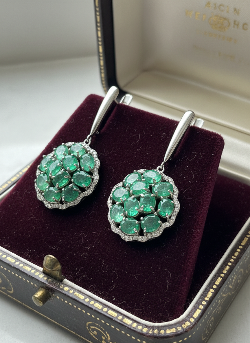 Handmade Genuine Emerald Floral Dangle Earrings