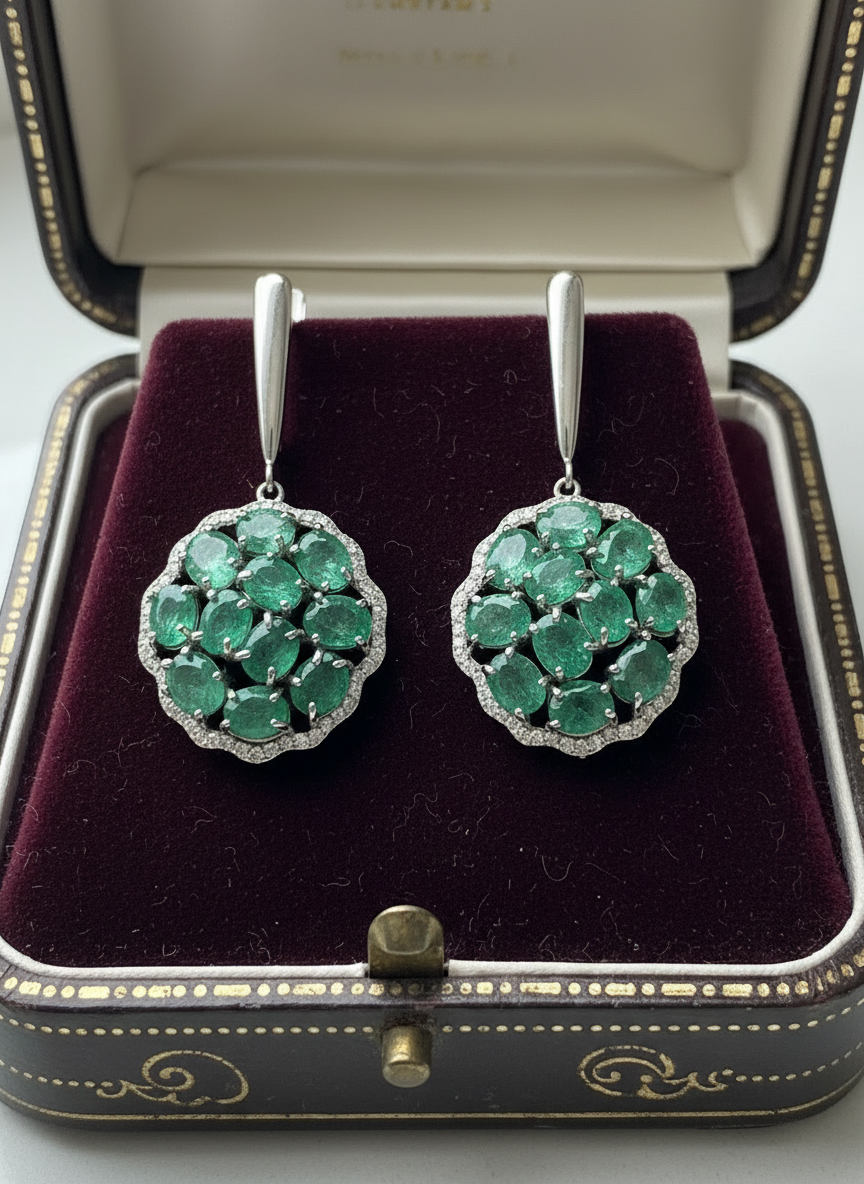 Handmade Genuine Emerald Floral Dangle Earrings