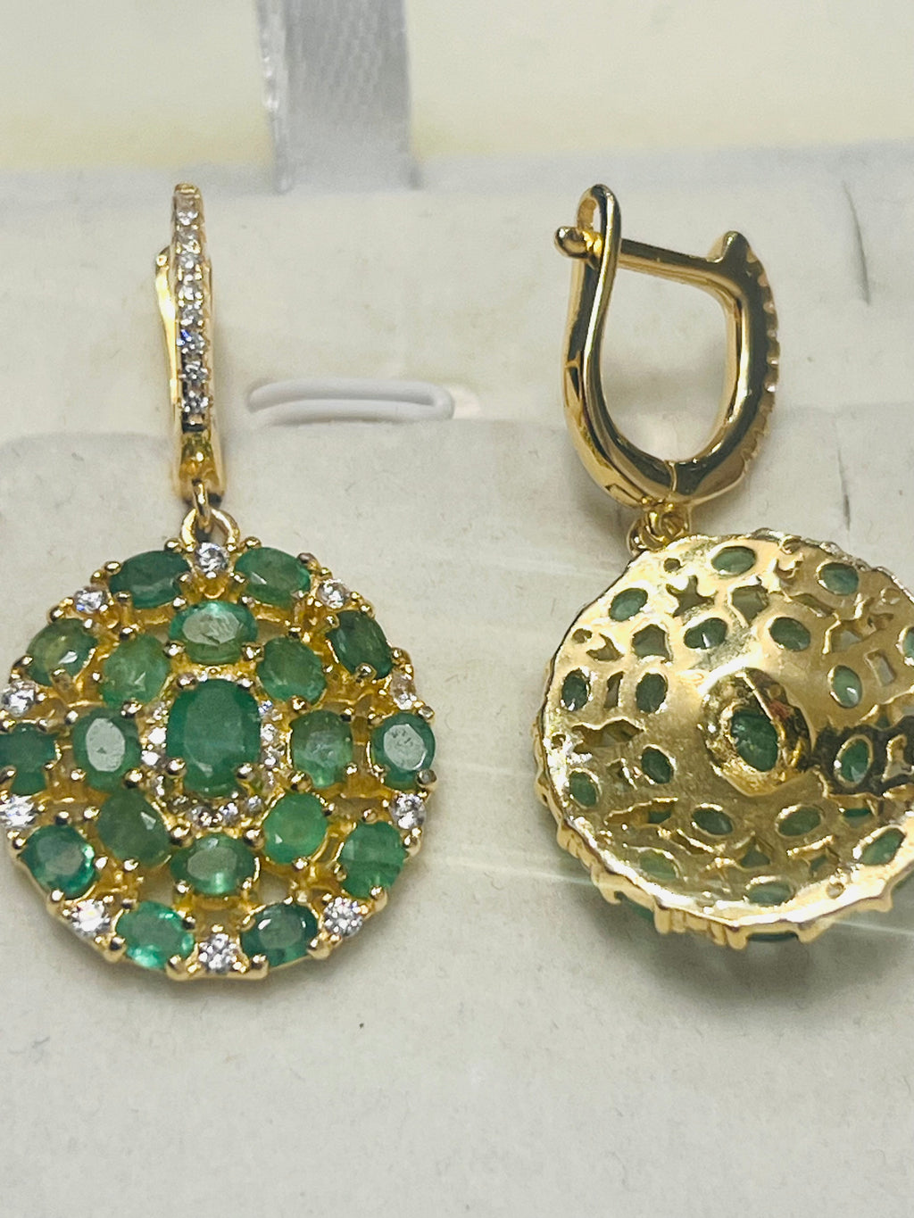 Natural Emerald & White Sapphires Flower Cluster Dangle Earrings – 18K Gold over Sterling Silver