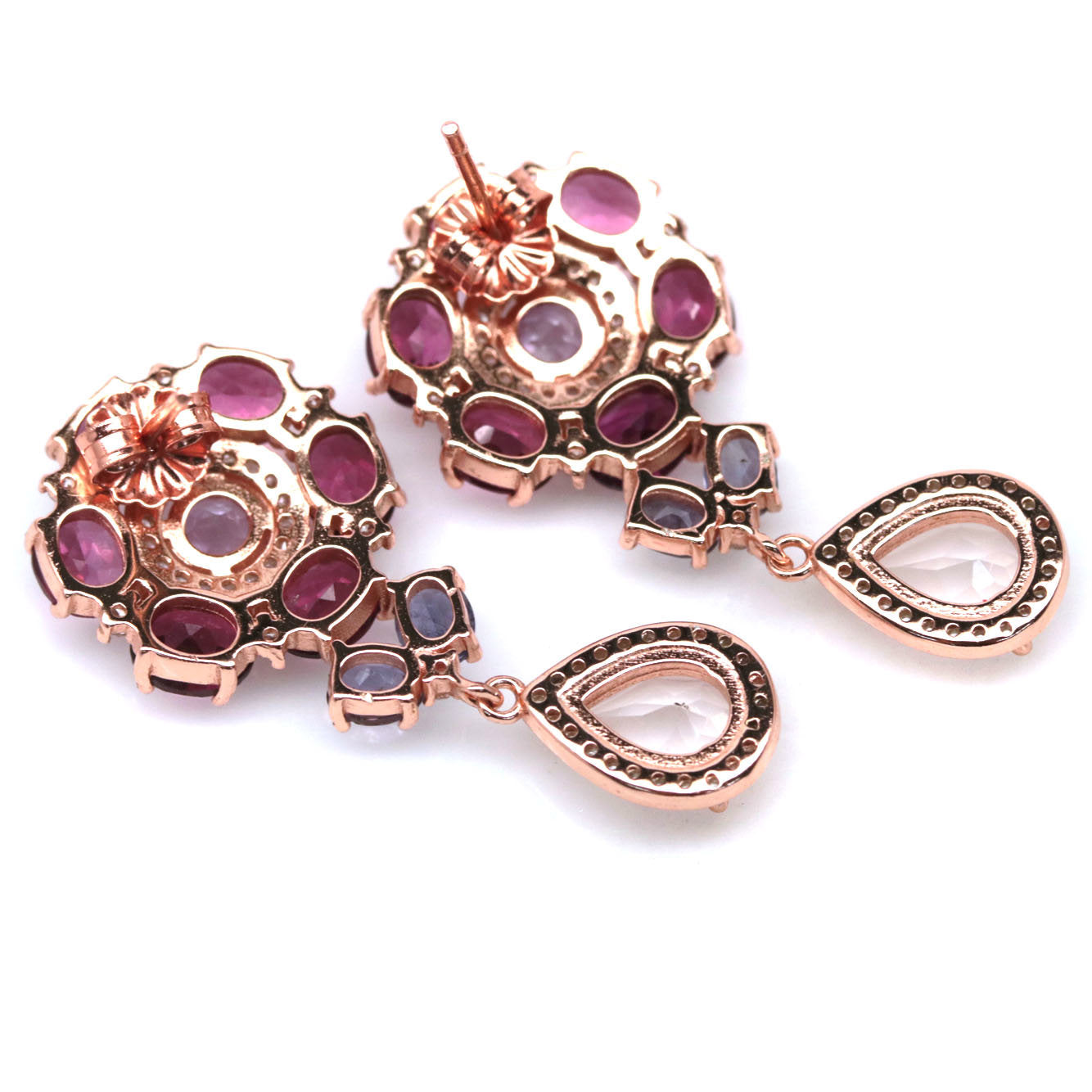 Handmade Rhodolite & Rose Quartz Floral Drop Earrings