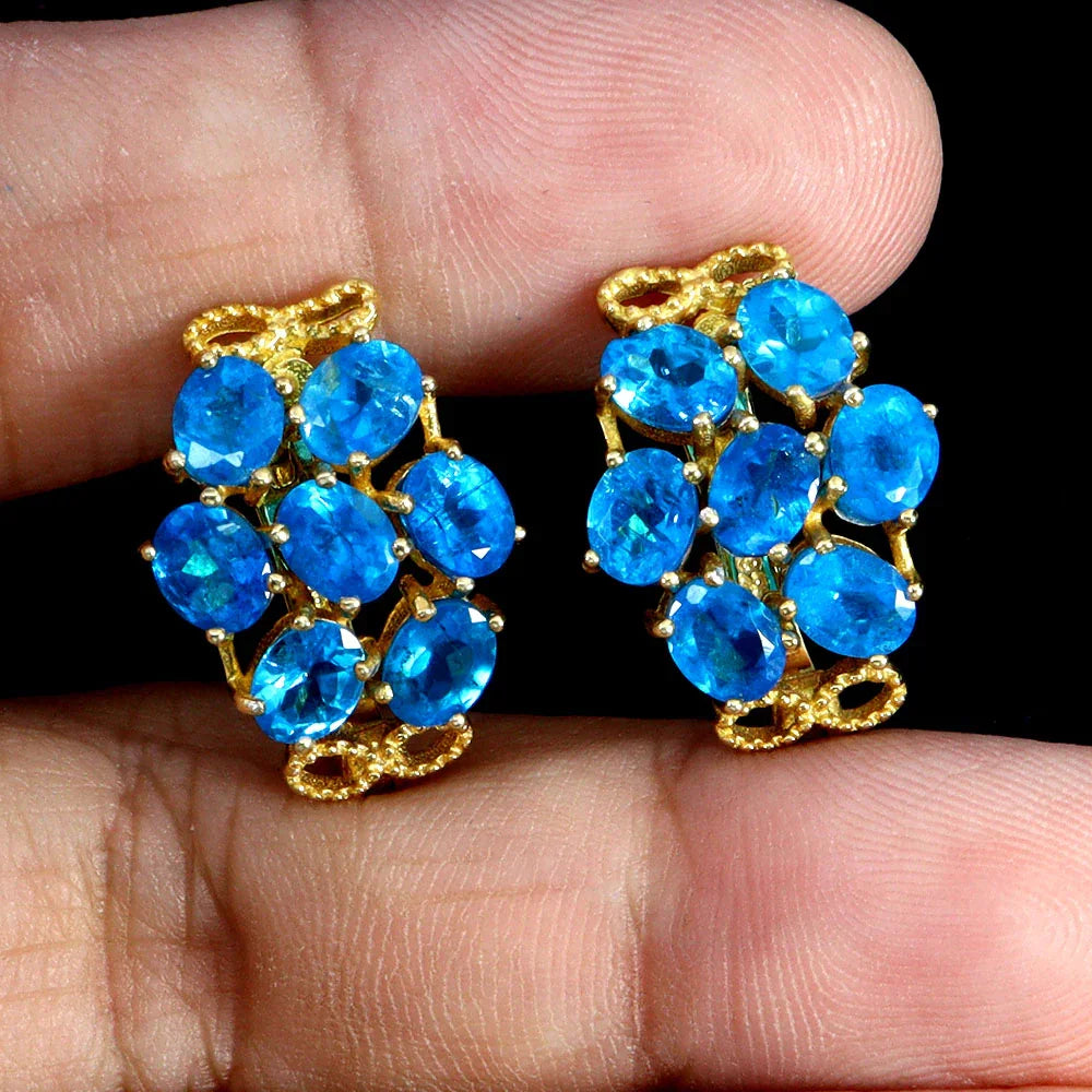 Handmade Rare Natural Blue Apatite Earrings in Palladium Silver with 14K Gold Vermeil