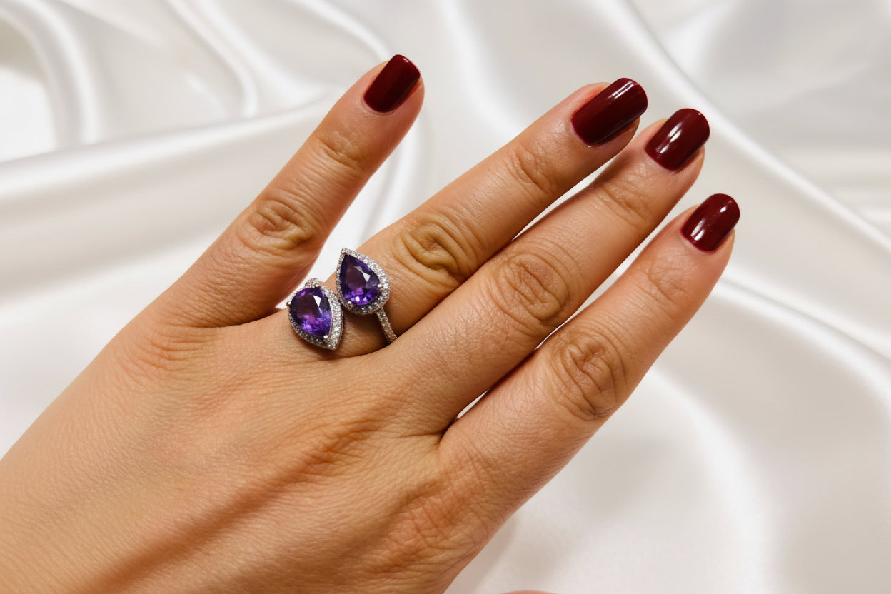 Handmade genuine Twin Amethyst Leaf Ring with White Topaz Accents