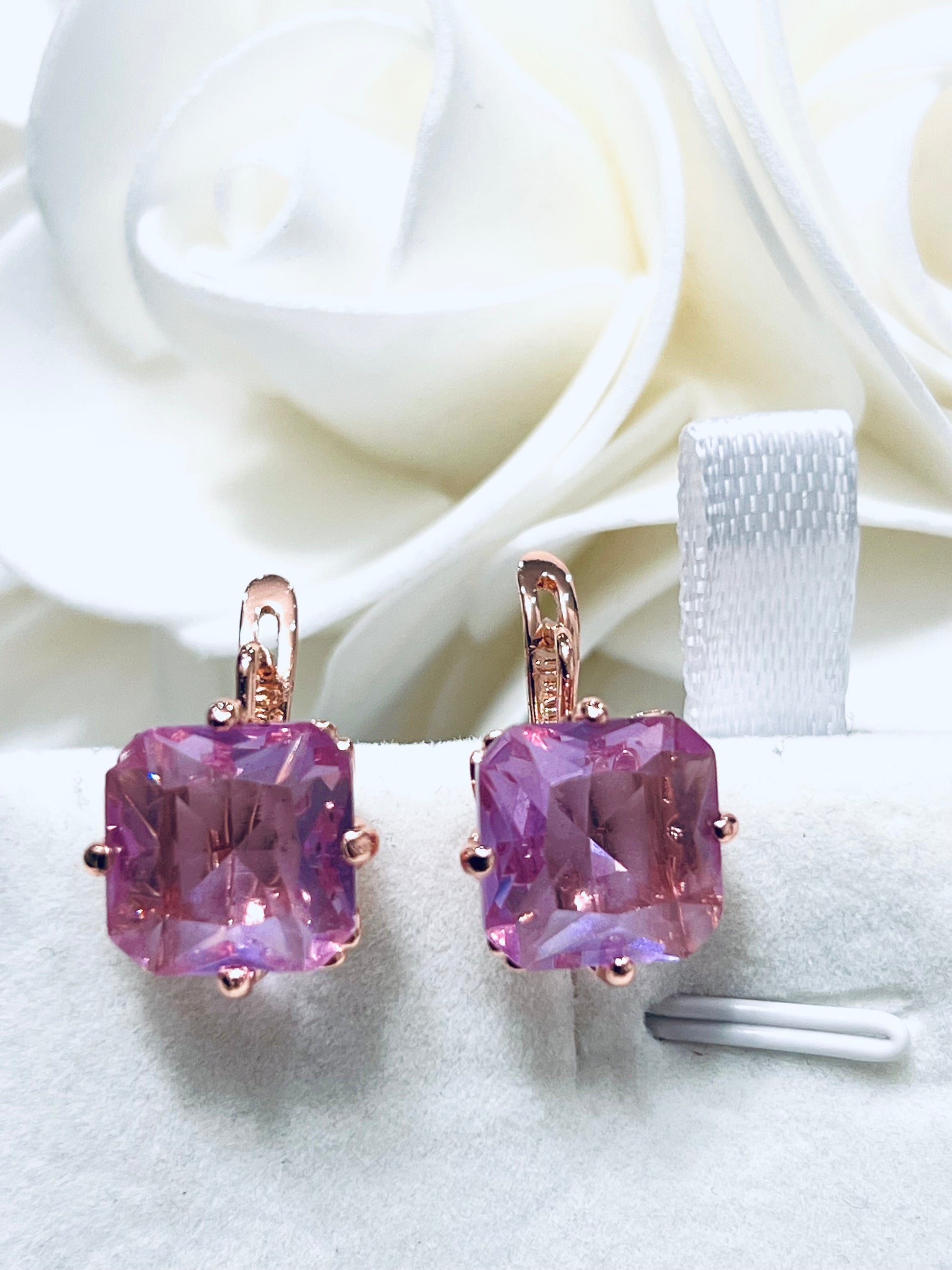 14K Rolled Gold Pink or Blue Topaz Minimalistic Square Drop Earrings