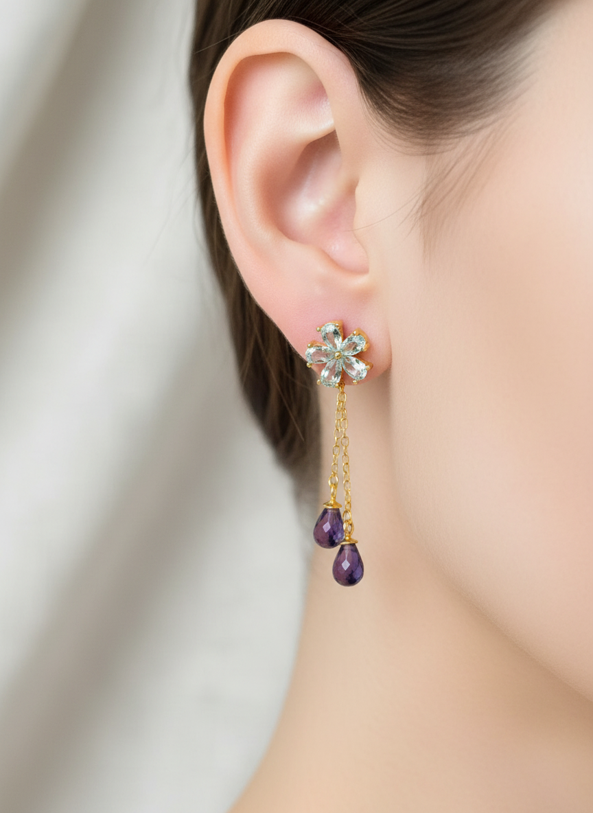 Handmade Unique Topaz and Amethyst Drop Earrings