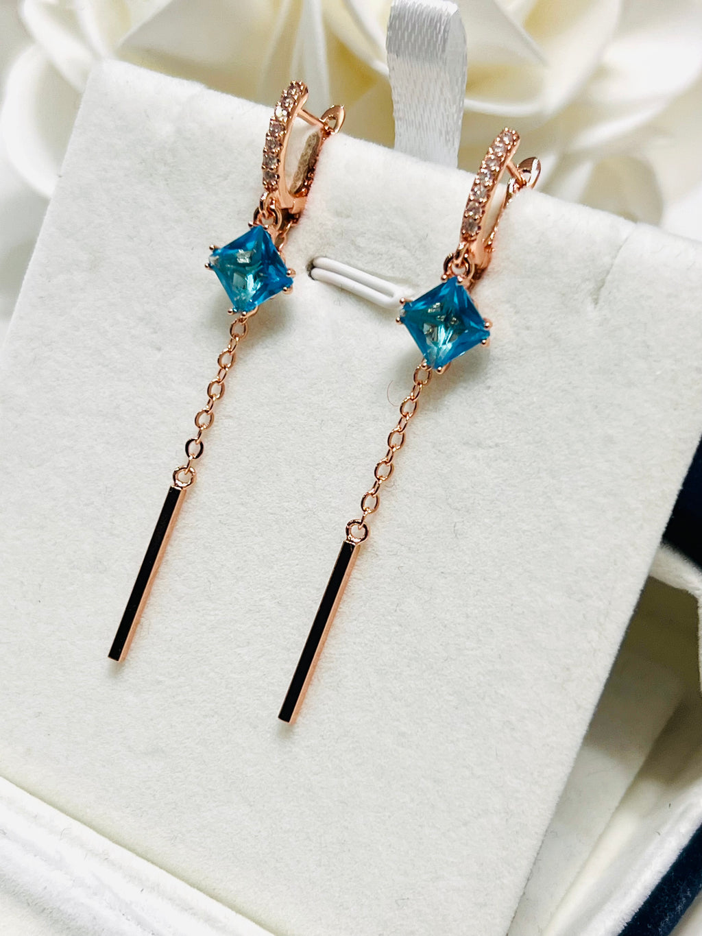 14k Rolled Gold Blue Topaz Hanging Fancy Earrings