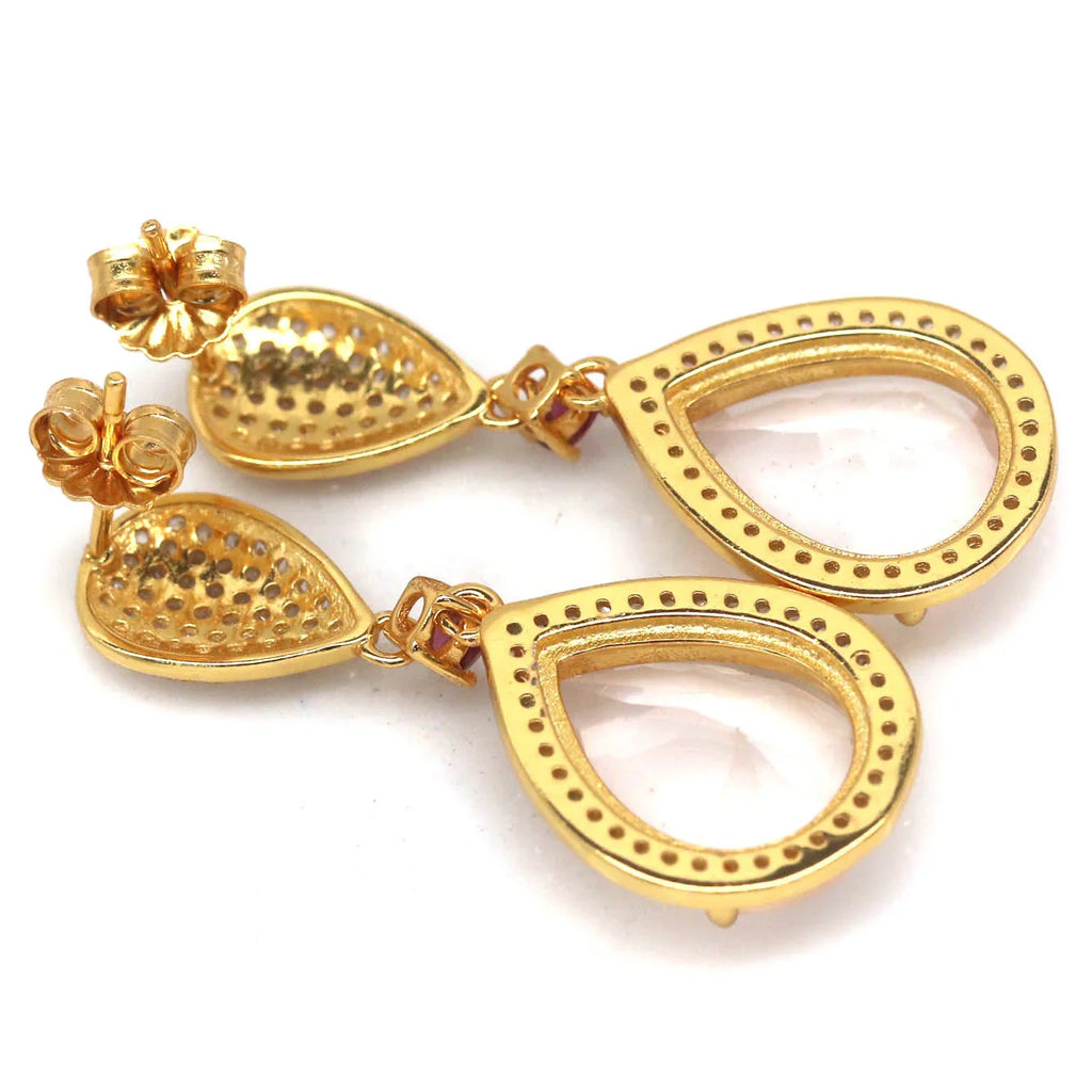 Handmade 14x 10mm. Pink Rose Quartz, Rhodolite & Sapphire Earrings