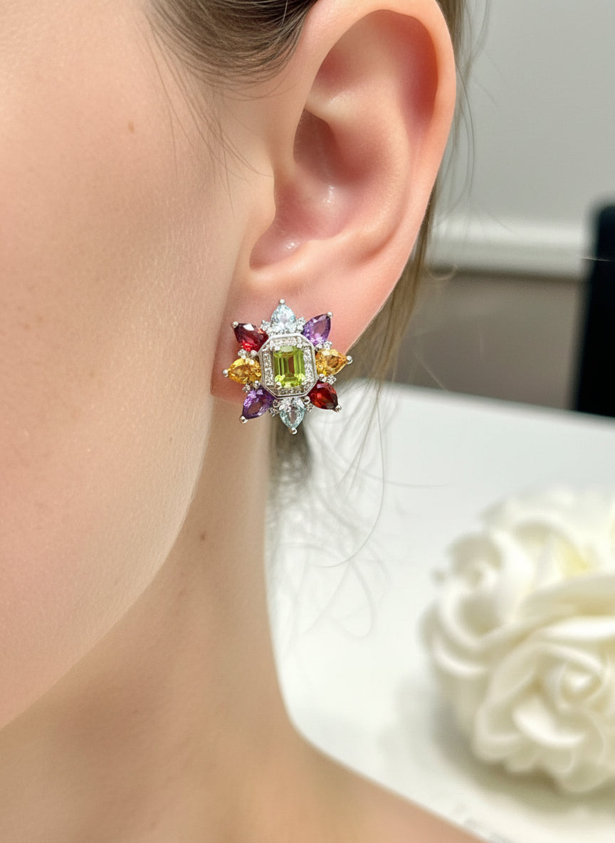 Handmade Natural Amethyst, Topaz and Peridot multigems Statement earrings