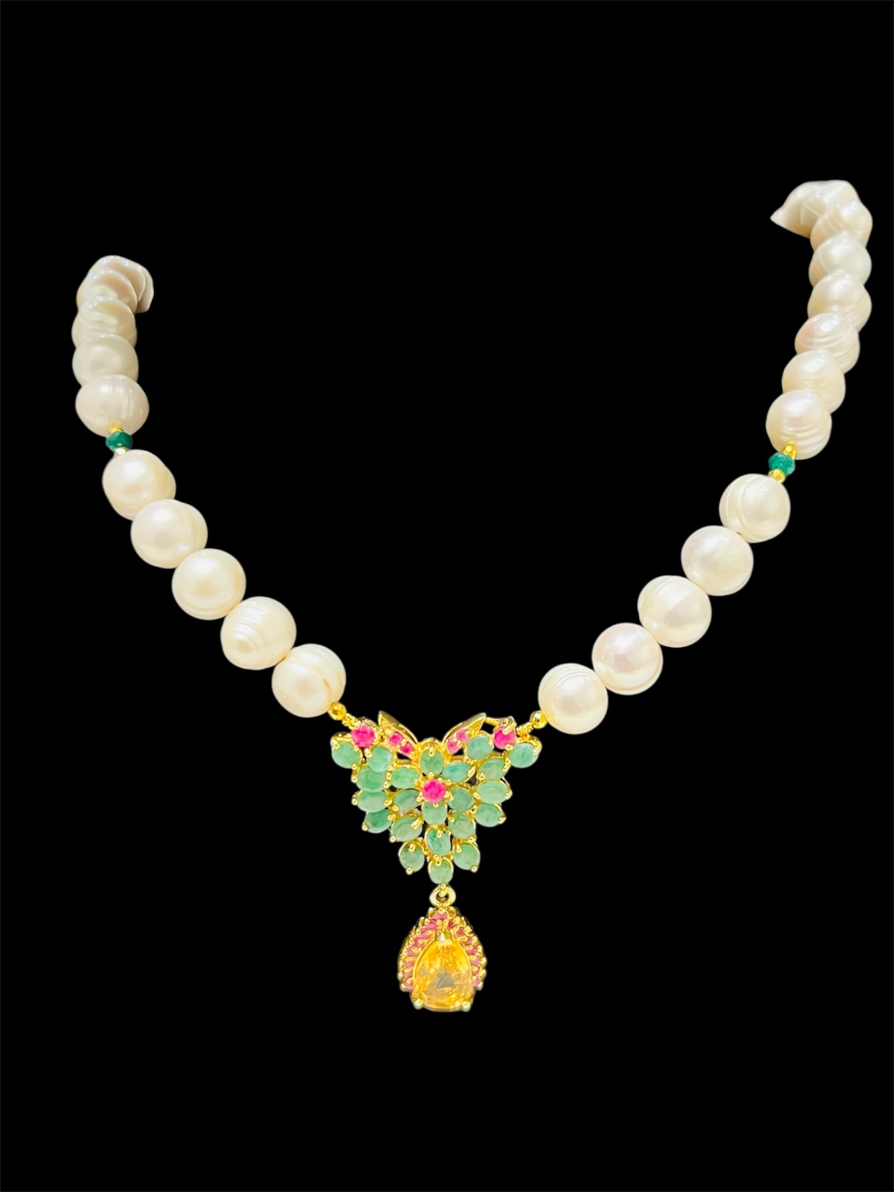 Colombian Emerald, Ruby and citrine along with south sea pearls necklace
