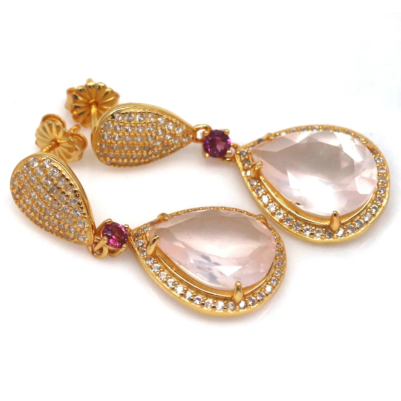 Handmade 14x 10mm. Pink Rose Quartz, Rhodolite & Sapphire Earrings