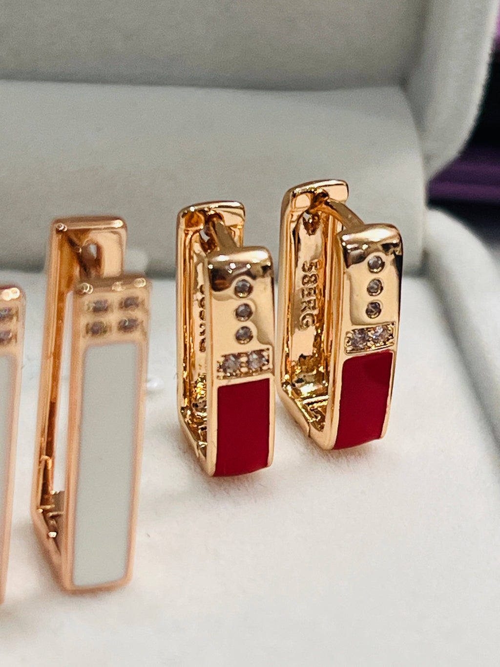 14K Rolled Gold Rectangle Enamel Earrings – Minimalist Futuristic Geometric Earrings Red White Black