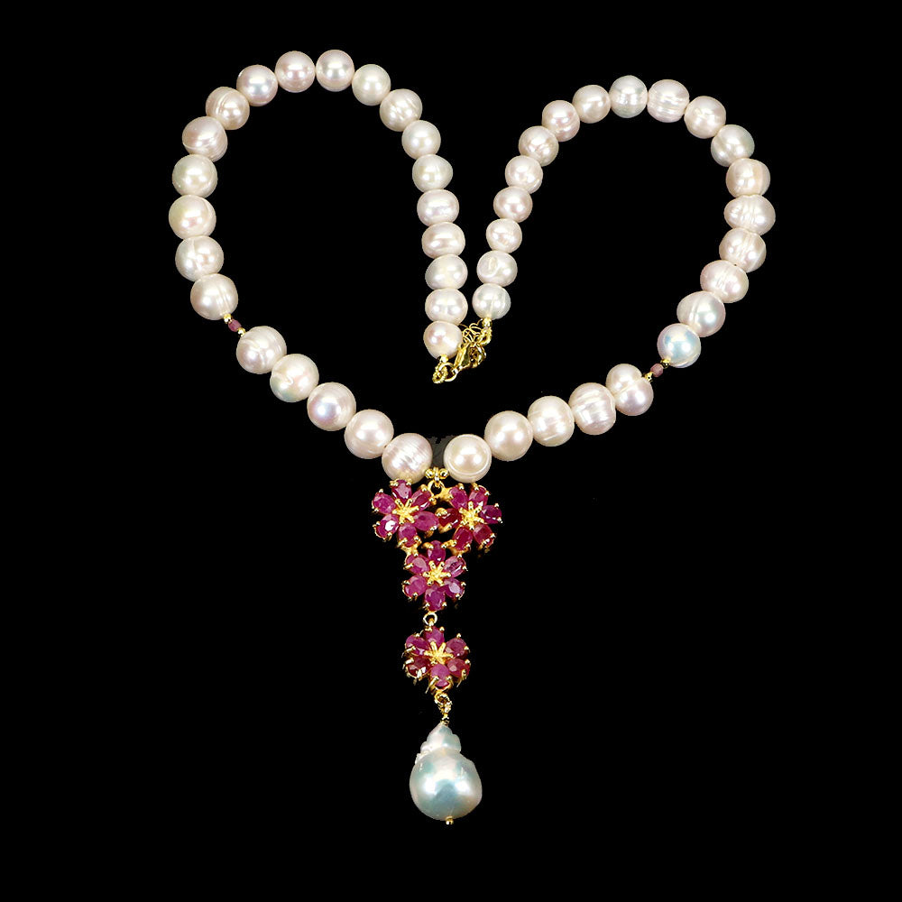 Natural Freshwater Pearl and Natural Ruby Necklace