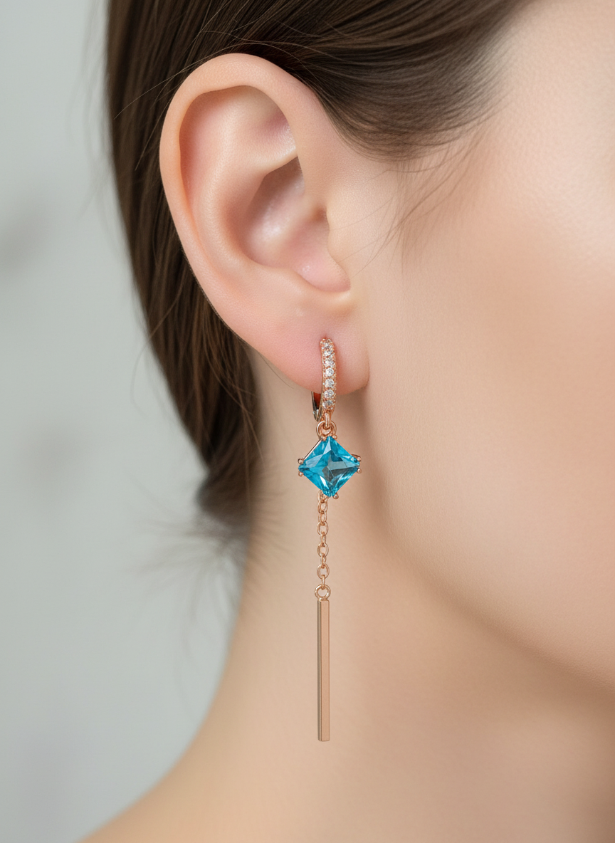 14k Rolled Gold Blue Topaz Hanging Fancy Earrings