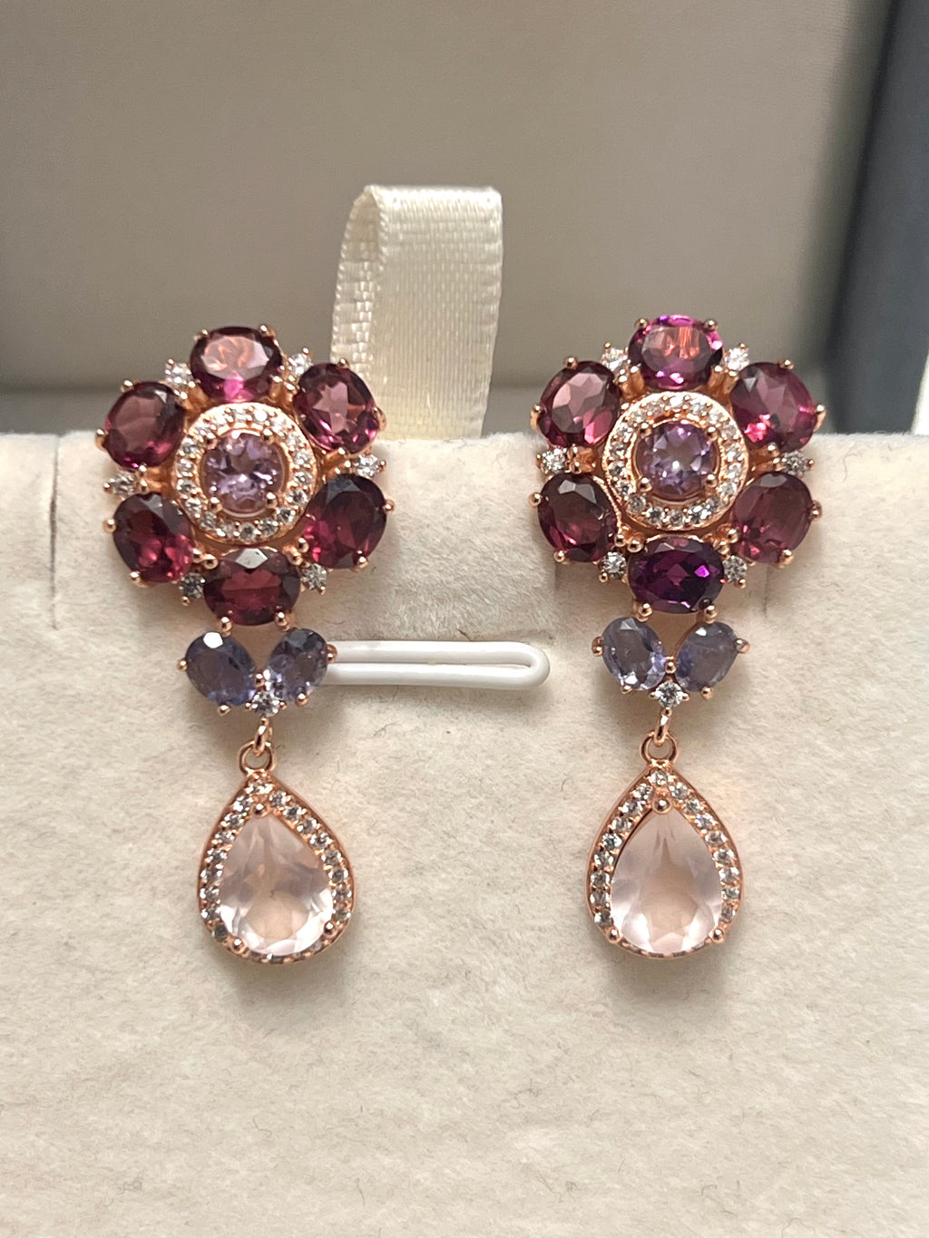 Handmade Rhodolite & Rose Quartz Floral Drop Earrings
