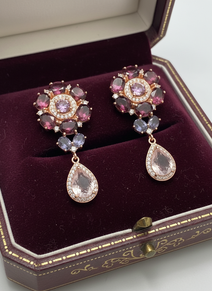 Handmade Rhodolite & Rose Quartz Floral Drop Earrings
