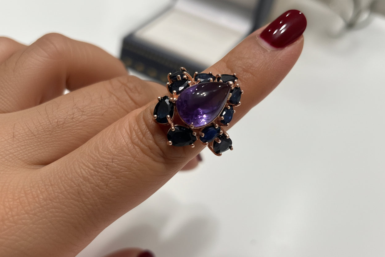Handmade Genuine Amethyst and Sapphire Ring