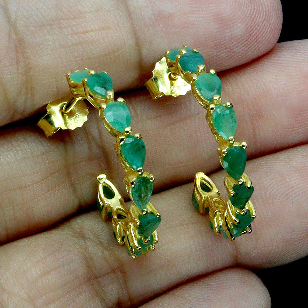 Handmade Half-Hoop Earrings with natural Pear-Shaped Colombian Emeralds