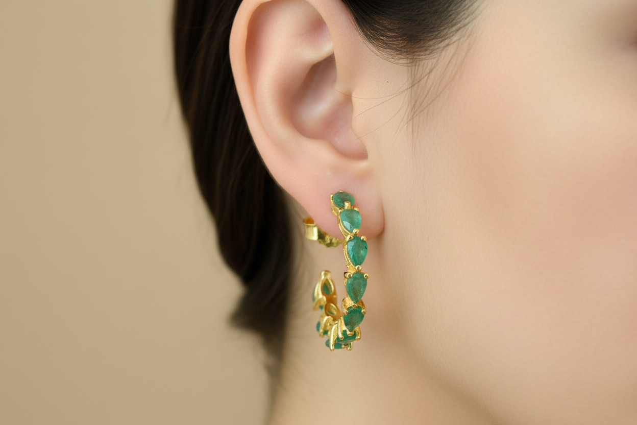 Handmade Half-Hoop Earrings with natural Pear-Shaped Colombian Emeralds