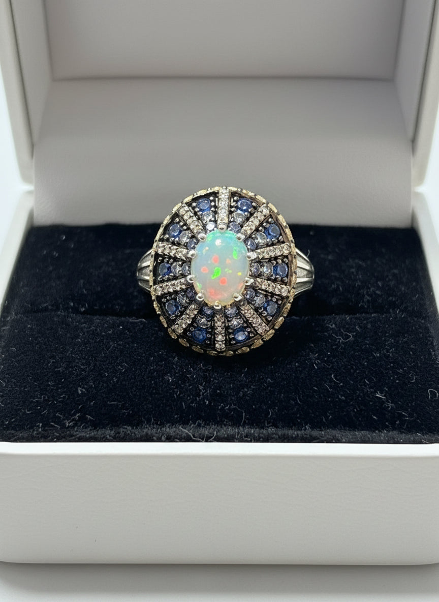 Handmade Fire Opal, Sapphires and Diamond Ring