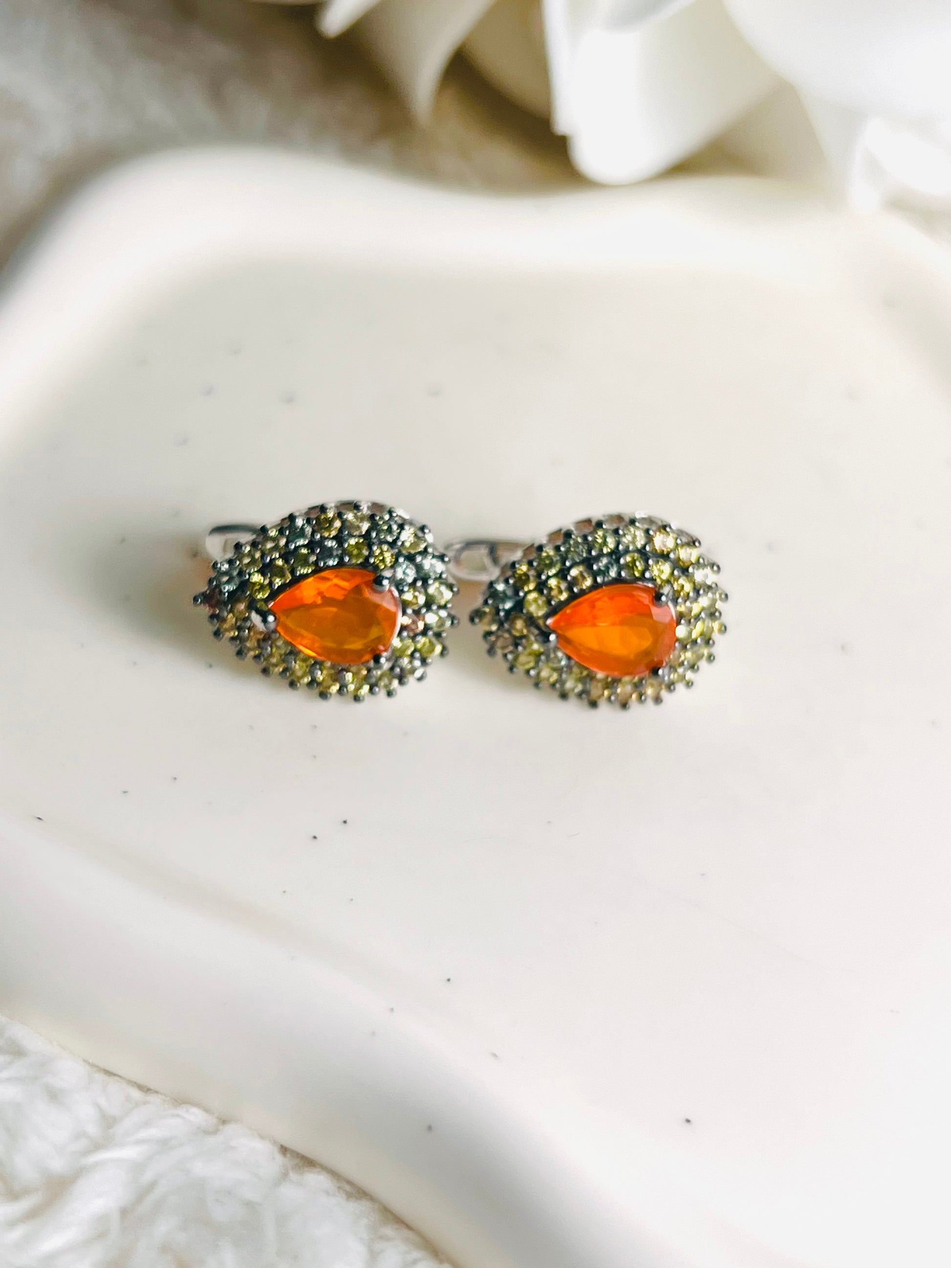 Handmade Orange Fire Opal and Colored Sapphires Earrings