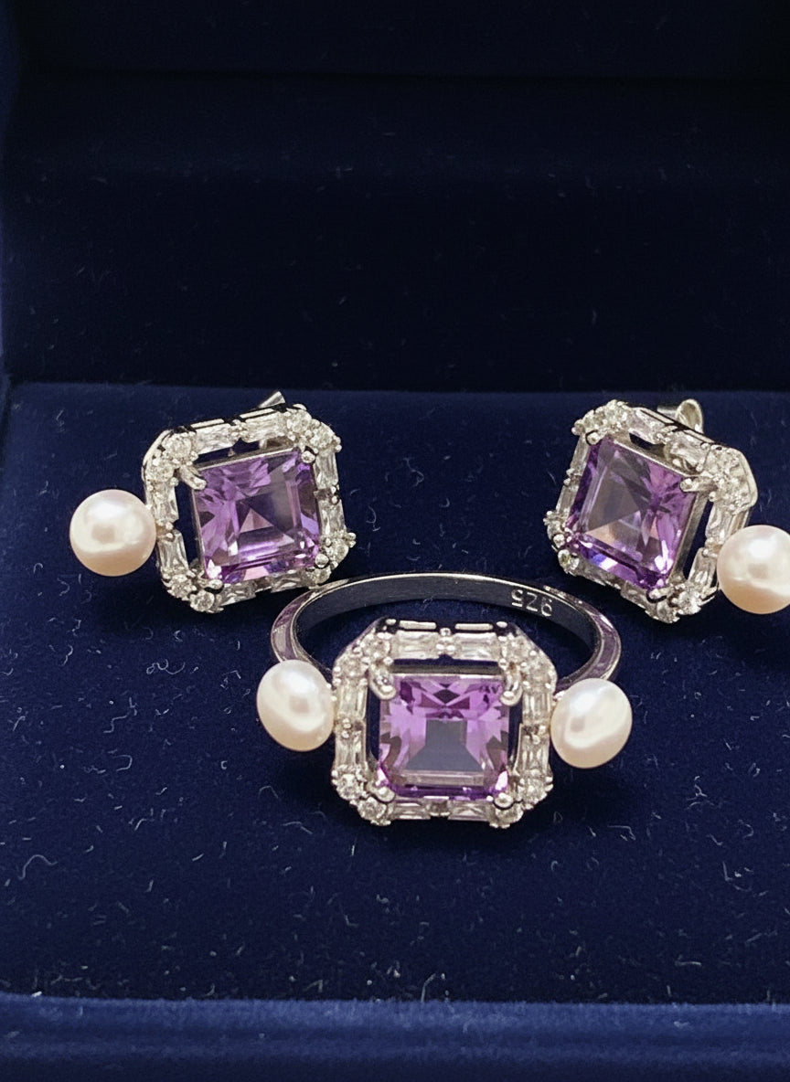 Handmade Natural Amethyst and Pearl “The Midnight” Set