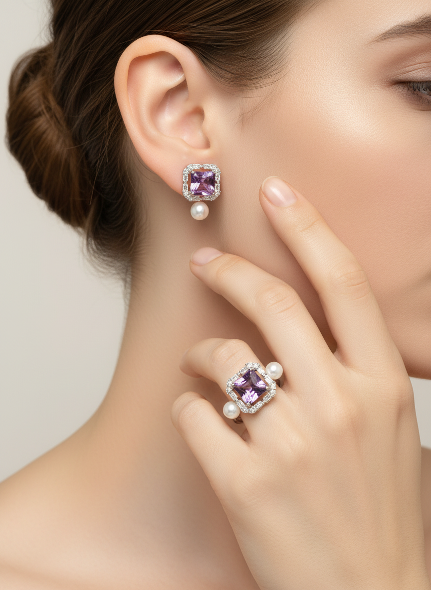 Handmade Natural Amethyst and Pearl “The Midnight” Set