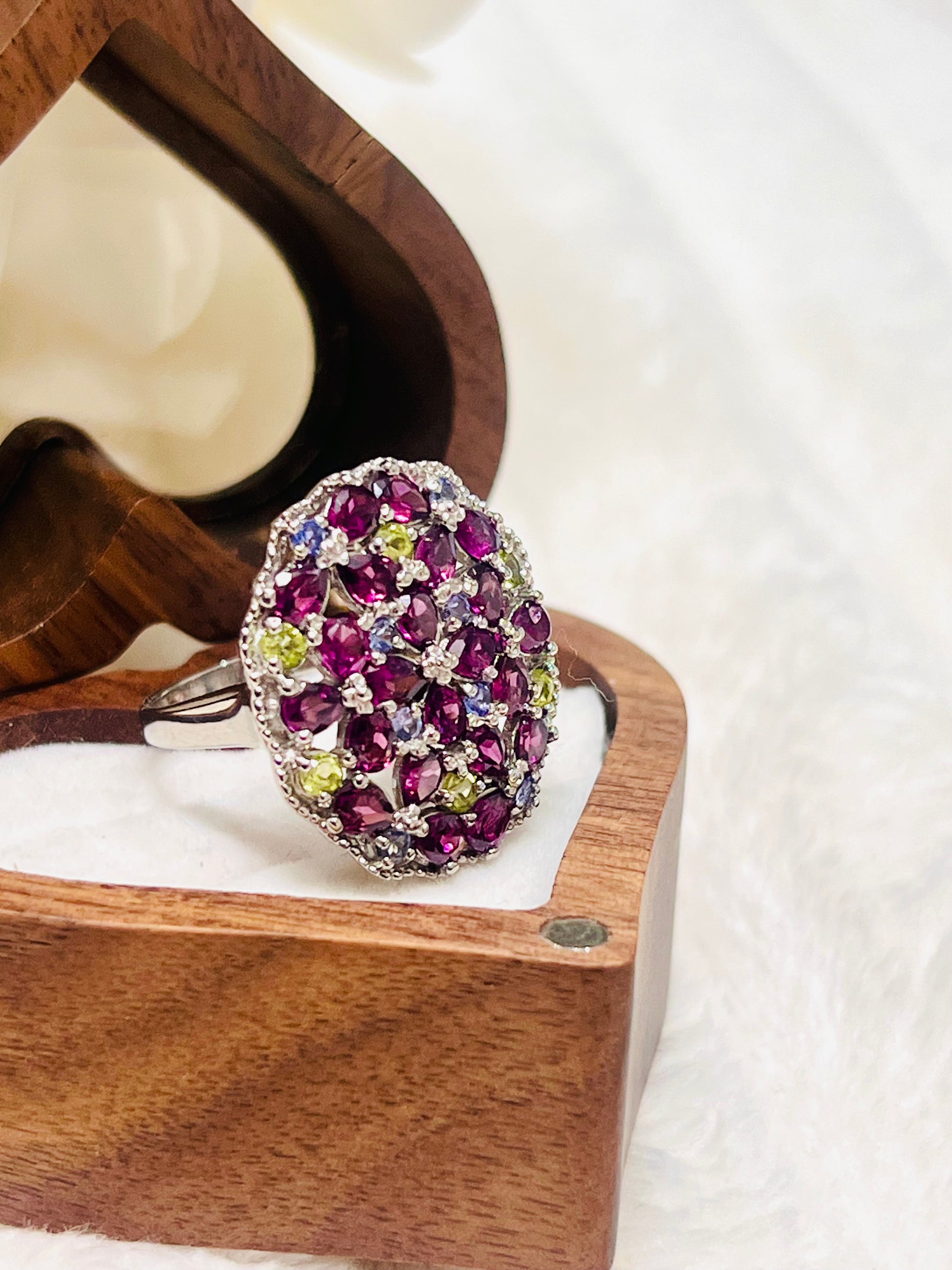 Handmade Natural Rhodolite Garnet, Peridot and Tanazanite Ring