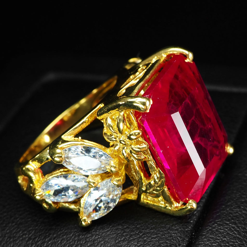 12.8 CTW Handmade Emerald Cut Ruby Solitaire Ring in 14k Gold vermeil over 925S