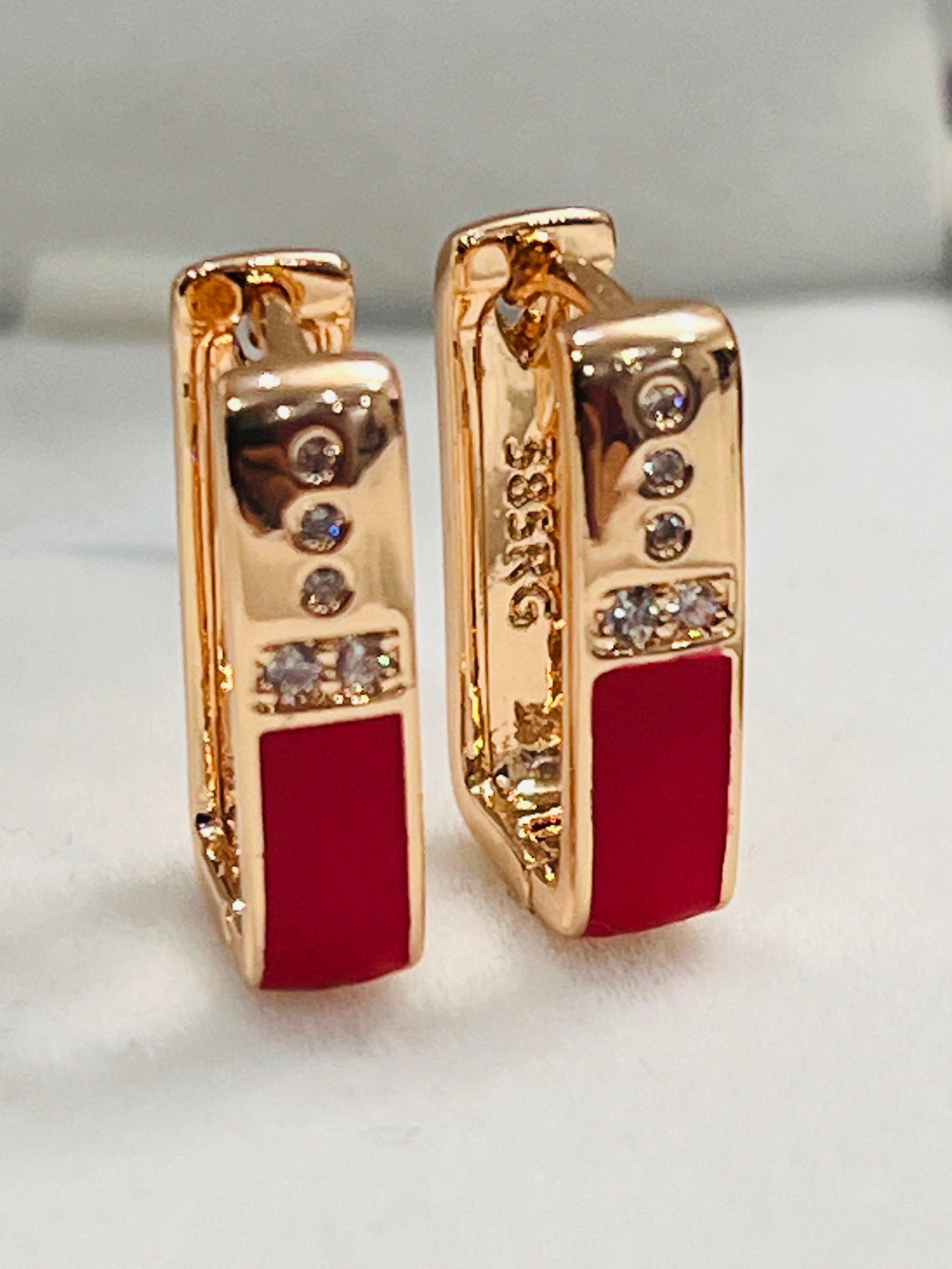 14K Rolled Gold Rectangle Enamel Earrings – Minimalist Futuristic Geometric Earrings Red White Black