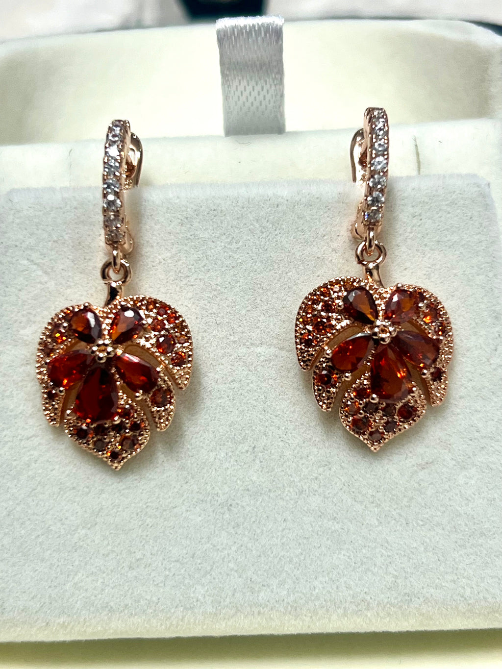 14K Rolled Gold Heart Maple Shaped Garnet Earrings