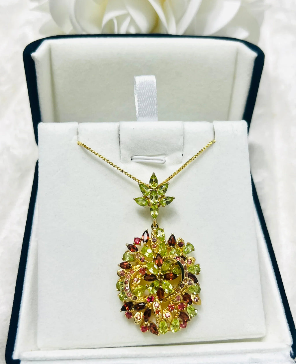 Handmade Peridot & Rhodolite Garnet Floral Statement Necklace