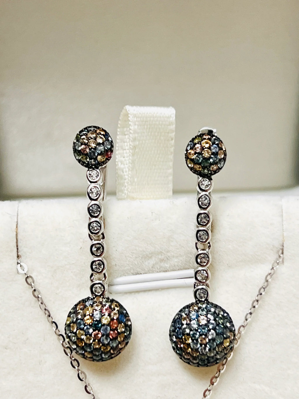 Multi-Color Sapphire Ball Design Sterling Silver Necklace and Earring Set