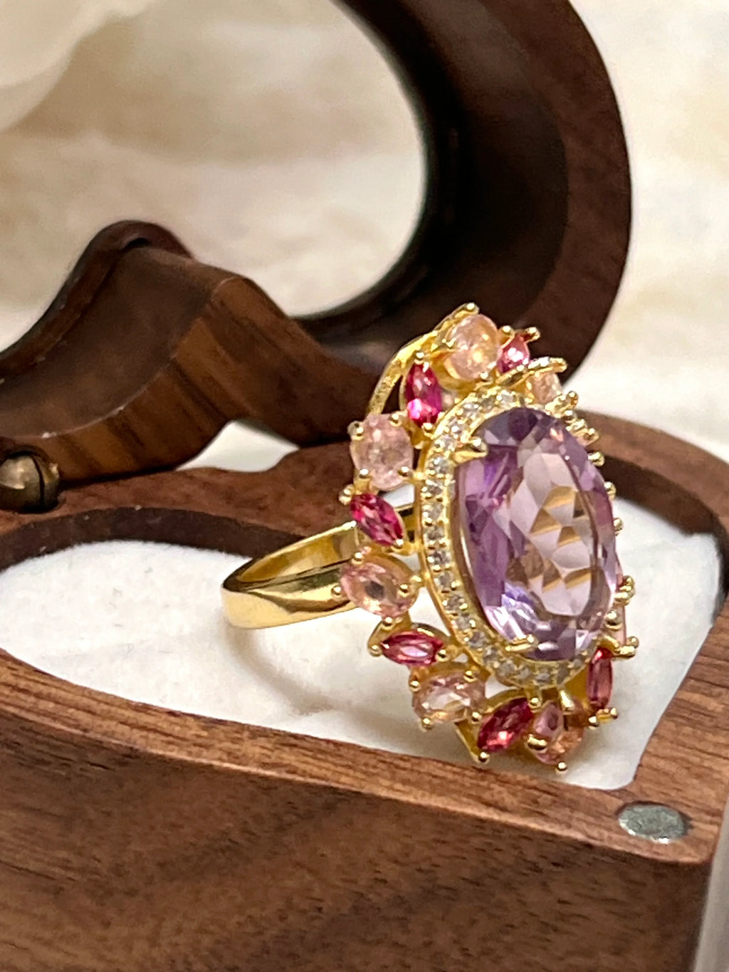 Natural Pink Amethyst & Multi-Gem Ring in 18K Gold Vermeil – 31.43 Carats