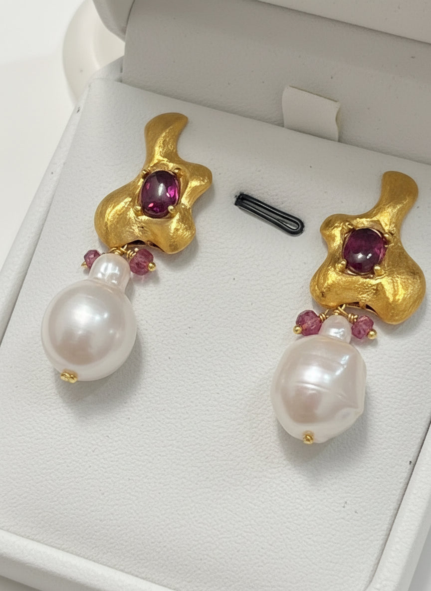 Handmade South Sea Baroque Pearl and Ruby earrings