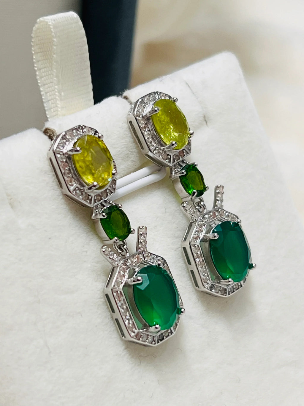 Handmade Emerald, Peridot, Chrome Diopside & Cubic Zirconia Earrings