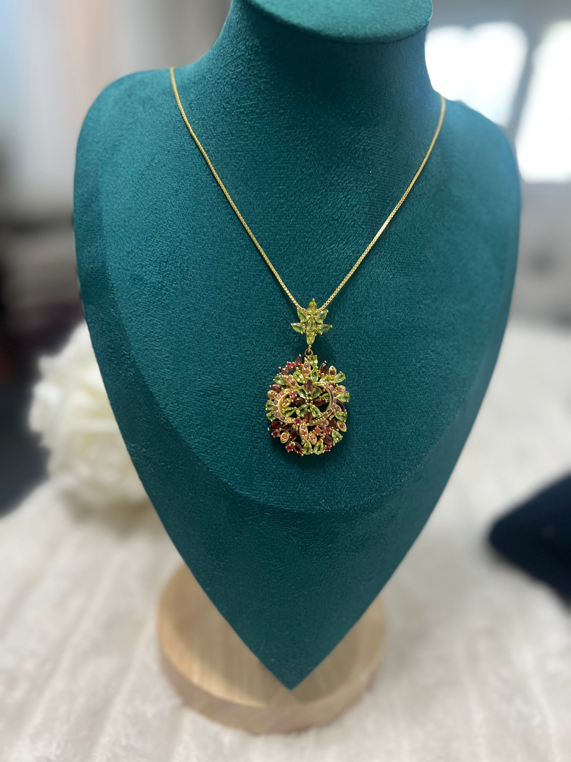 Handmade Peridot & Rhodolite Garnet Floral Statement Necklace