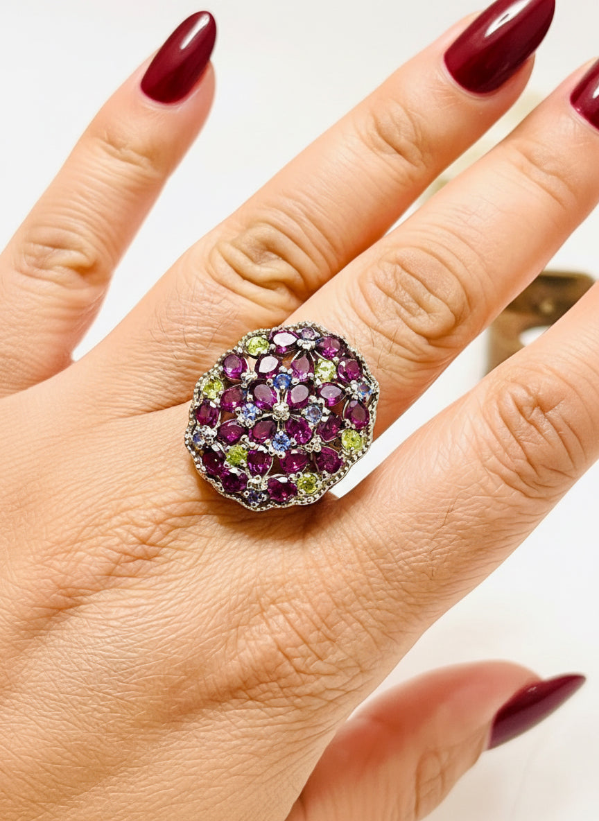 Handmade Natural Rhodolite Garnet, Peridot and Tanazanite Ring