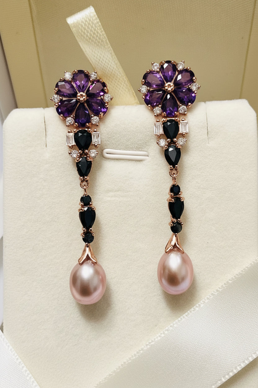 Handmade Stunning Natural Sapphire, Amethyst and South Sea Pearl Earrings