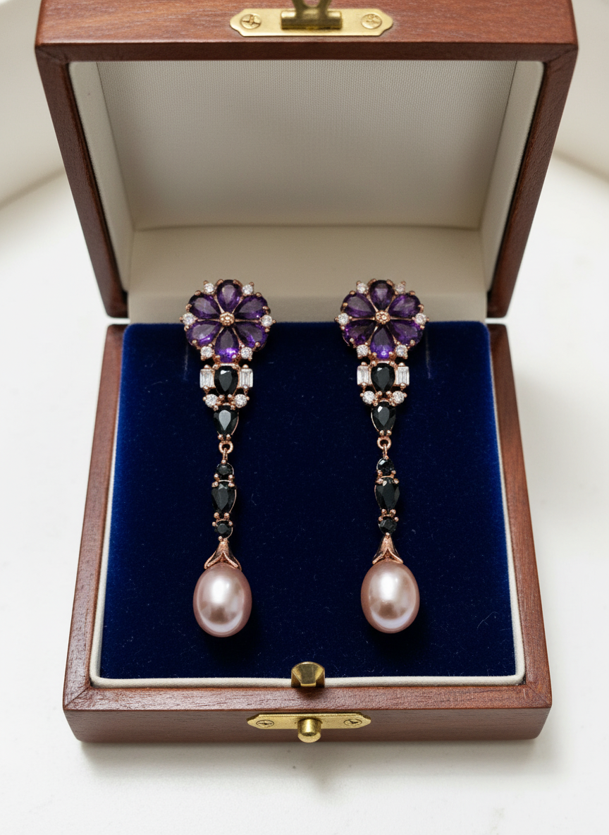 Handmade Stunning Natural Sapphire, Amethyst and South Sea Pearl Earrings