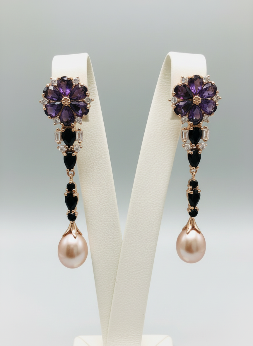 Handmade Stunning Natural Sapphire, Amethyst and South Sea Pearl Earrings