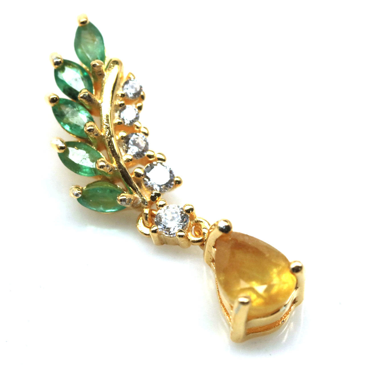 Genuine Yellow Sapphire with Emerald Leaf Accents Pendant Necklace
