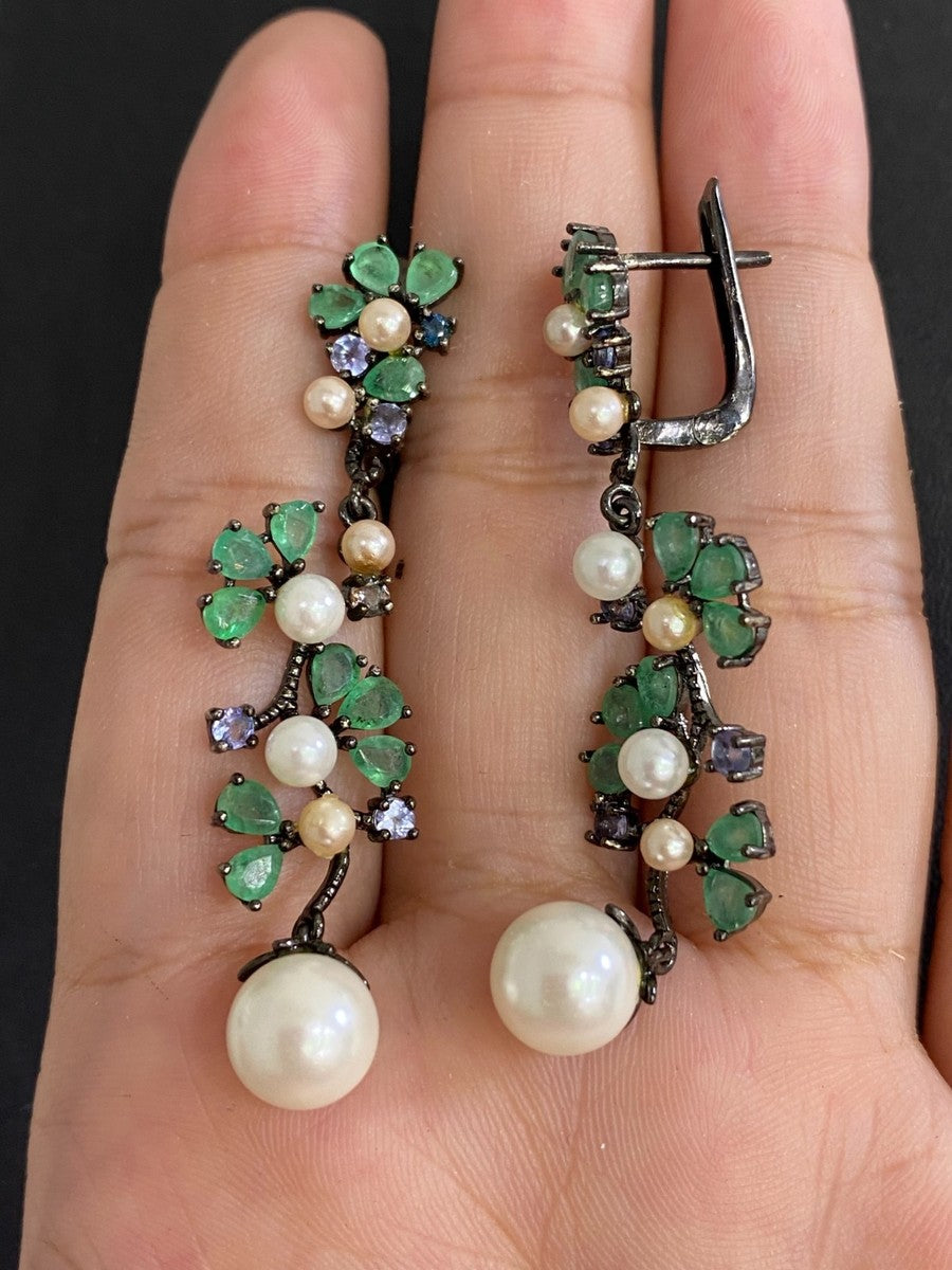 Handmade Natural Colombian Emerald, Pearl, Tanzi Set