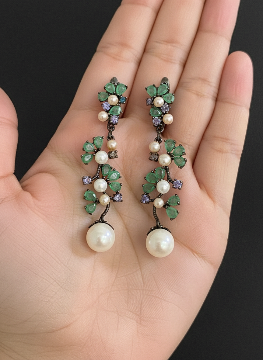 Handmade Natural Colombian Emerald, Pearl, Tanzi Set