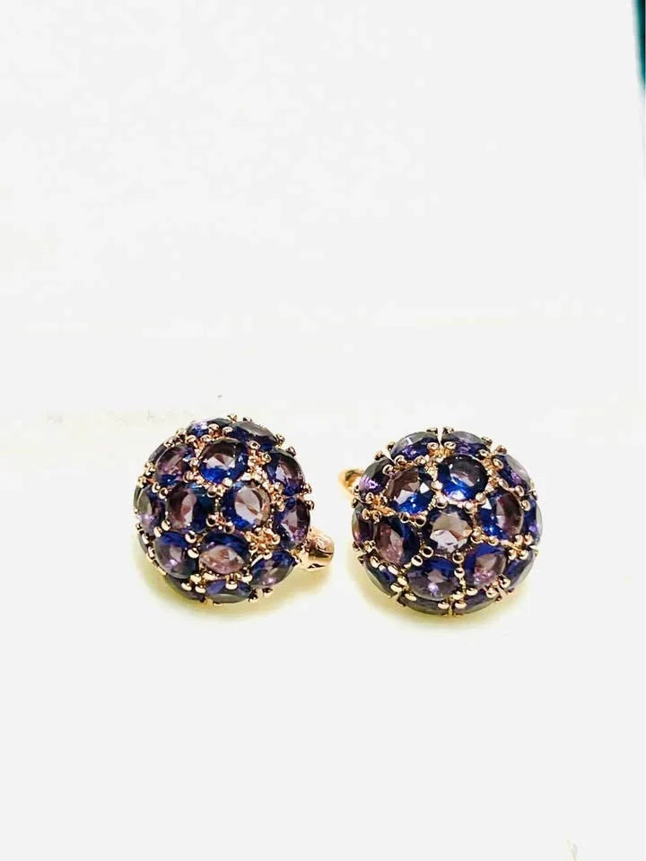 Front view of two 585RG rose gold dome earrings with multiple purple amethyst gemstones.