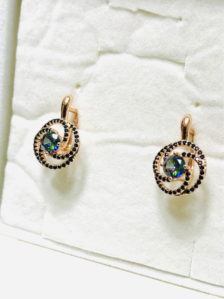 Elegant 585RG rose gold mystic topaz earrings with black stones, showcased on a clean white background.