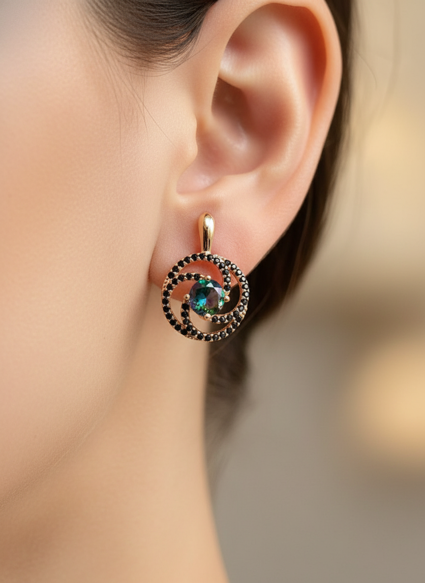 14K Rolled Gold Mystic Topaz Earrings — Black Rose Floral Design