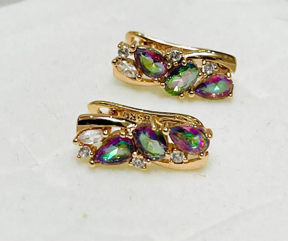 14K 585RG stamped earrings with a beautiful cluster of iridescent mystic topaz gemstones and sparkling CZ.