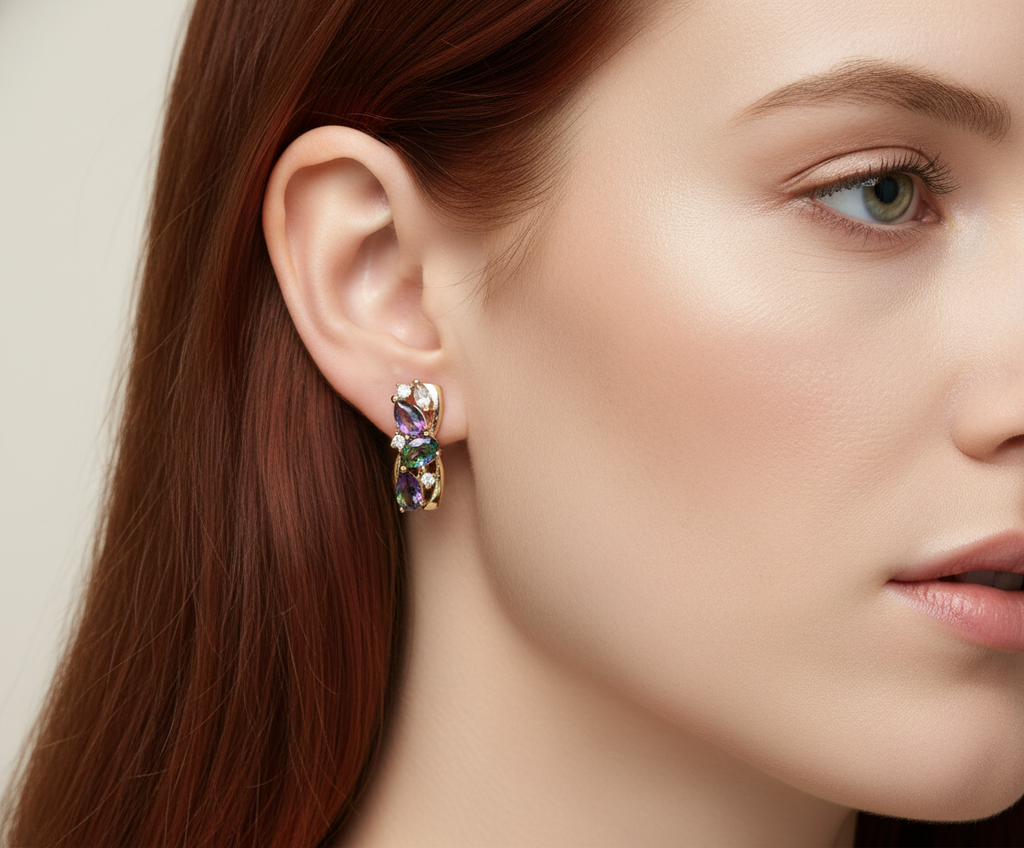 Color-Shifting Mystic Topaz Trio Earrings – Handcrafted Rolled Gold