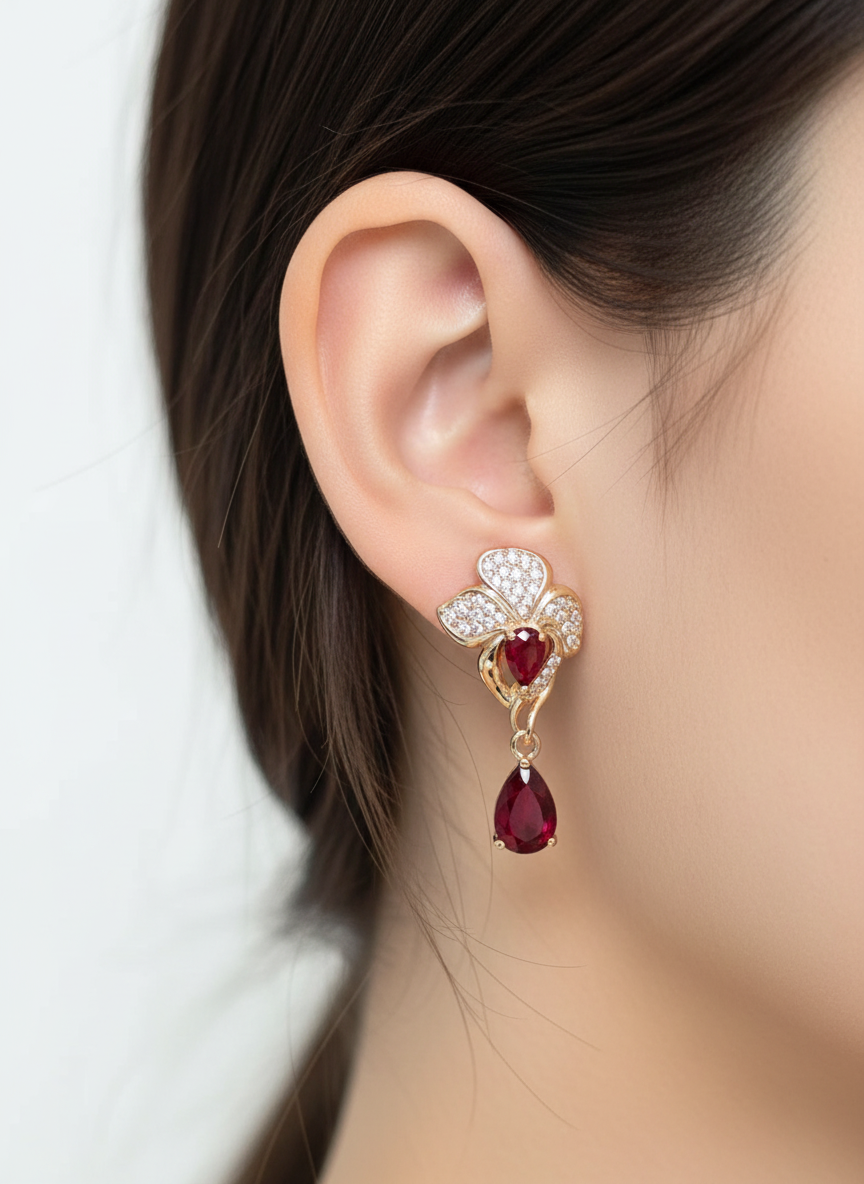 14k Rolled Gold Red Fancy Tulip Earrings