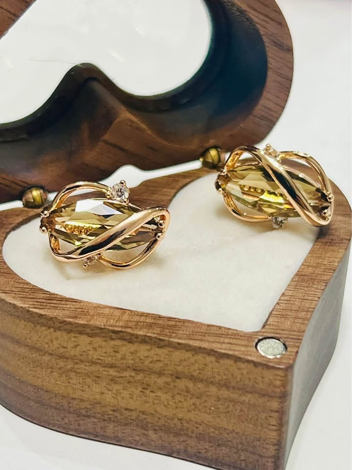 585RG stamped rose gold citrine earrings in a heart-shaped wooden box. A perfect gift.