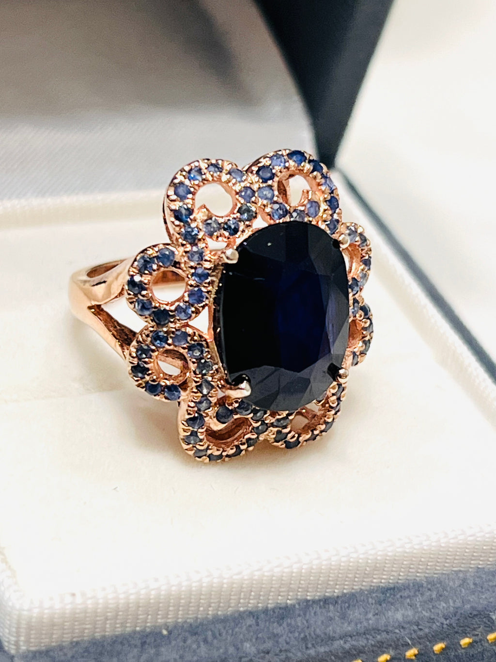 Oval Blue Sapphire Floral Ring with Rose Gold embraced Sterling silver